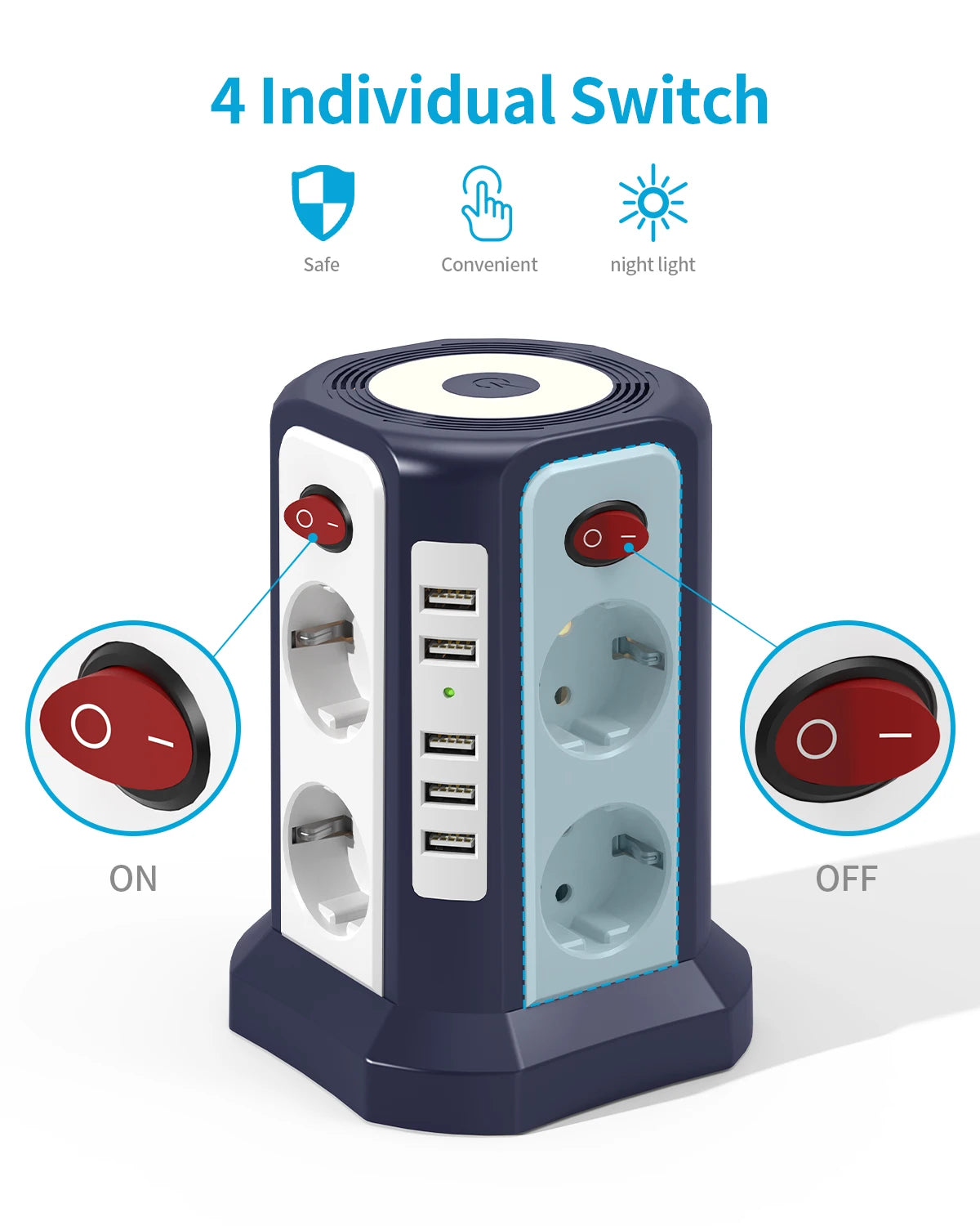 Tour Multiprise Intelligente avec Ports USB et Veilleuse